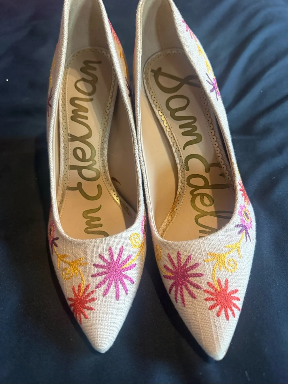 Sam Edelman Cream Pointed-Toe Heels with Pink & Orange Floral Embroidery
